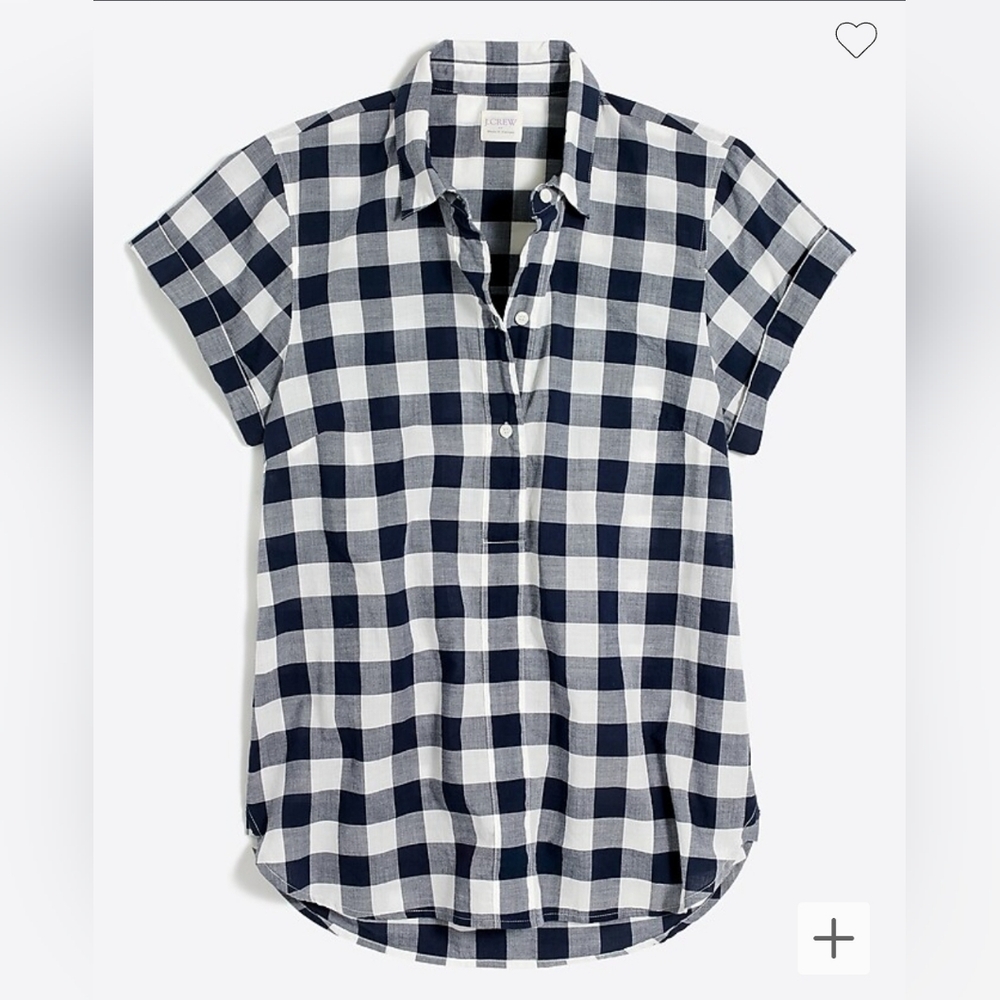 J. Crew Navy Blue & White Gingham Plaid Popover Short Sleeve